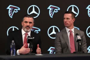 ATLANTA, GEORGIA - JANUARY 27: Kevin Stefanski and President of Football Operations Matt Ryan speak to the media after Stefanski is introduced as the head coach of the Atlanta Falcons at Mercedes-Benz Stadium on January 27, 2026 in Atlanta, Georgia.
