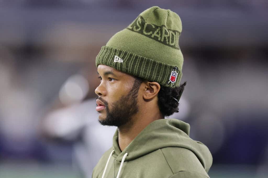 ARLINGTON, TEXAS - NOVEMBER 03: Kyler Murray #1 of the Arizona Cardinals watches action during a game against the Dallas Cowboys at AT&T Stadium on November 03, 2025 in Arlington, Texas.