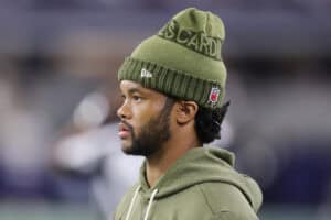 ARLINGTON, TEXAS - NOVEMBER 03: Kyler Murray #1 of the Arizona Cardinals watches action during a game against the Dallas Cowboys at AT&T Stadium on November 03, 2025 in Arlington, Texas.