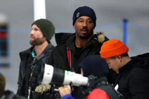 LIVIGNO, ITALY - FEBRUARY 12: Cleveland Browns defensive end Myles Garrett attends the Women’s Snowboard Halfpipe Final on day six of the Milano Cortina 2026 Winter Olympic games at Livigno Snow Park on February 12, 2026 in Livigno, Italy.