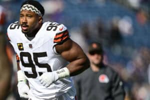 FOXBOROUGH, MASSACHUSETTS - OCTOBER 26: Myles Garrett #95 of the Cleveland Browns looks on during warmups prior to the game against the New England Patriots at Gillette Stadium on October 26, 2025 in Foxborough, Massachusetts.