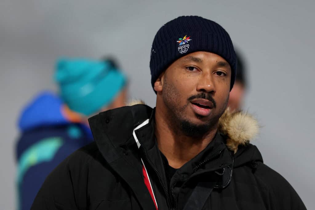 LIVIGNO, ITALY - FEBRUARY 12: Cleveland Browns defensive end Myles Garrett attends the Women’s Snowboard Halfpipe Final on day six of the Milano Cortina 2026 Winter Olympic games at Livigno Snow Park on February 12, 2026 in Livigno, Italy.