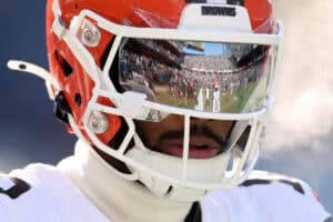 CHICAGO, ILLINOIS - DECEMBER 14: Shedeur Sanders #12 of the Cleveland Browns looks on prior to the game against the Chicago Bears at Soldier Field on December 14, 2025 in Chicago, Illinois.