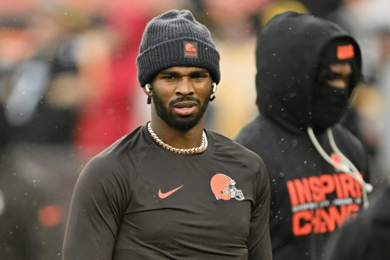 CLEVELAND, OHIO - DECEMBER 28: Shedeur Sanders #12 of the Cleveland Browns looks on prior to the game against the Pittsburgh Steelers at Huntington Bank Field on December 28, 2025 in Cleveland, Ohio.