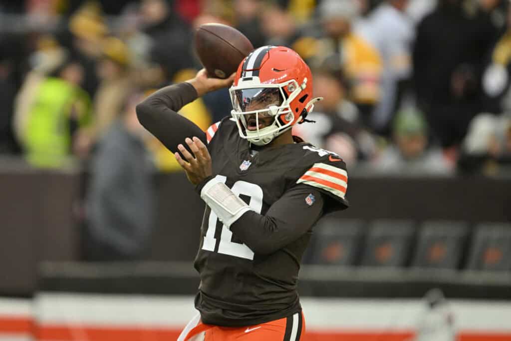 CLEVELAND, OHIO - DECEMBER 28: Shedeur Sanders #12 of the Cleveland Browns warms up prior to the game against the Pittsburgh Steelers at Huntington Bank Field on December 28, 2025 in Cleveland, Ohio.