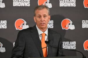 BEREA, OHIO - FEBRUARY 03: Todd Monken answers questions from the media after being introduced as head coach of the Cleveland Browns during a press conference at CrossCountry Mortgage Campus on February 03, 2026 in Berea, Ohio.