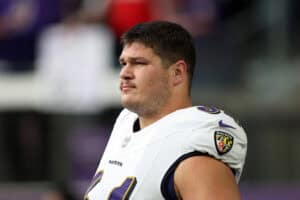 MINNEAPOLIS, MINNESOTA - NOVEMBER 09: Tyler Linderbaum #64 of the Baltimore Ravens looks on during warmups before the game against the Minnesota Vikings at U.S. Bank Stadium on November 09, 2025 in Minneapolis, Minnesota.