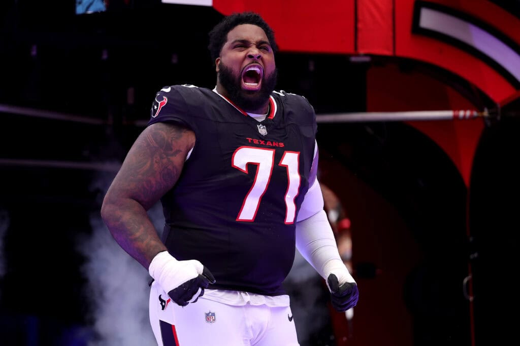 HOUSTON, TEXAS - SEPTEMBER 28: Tytus Howard #71 of the Houston Texans takes the field during player introductions before the game against the Tennessee Titans at NRG Stadium on September 28, 2025 in Houston, Texas.