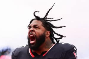 HOUSTON, TEXAS - JANUARY 11: Tytus Howard #71 of the Houston Texans takes the field prior to a game against the Los Angeles Chargers during the AFC Wild Card Playoffs at NRG Stadium on January 11, 2025 in Houston, Texas.