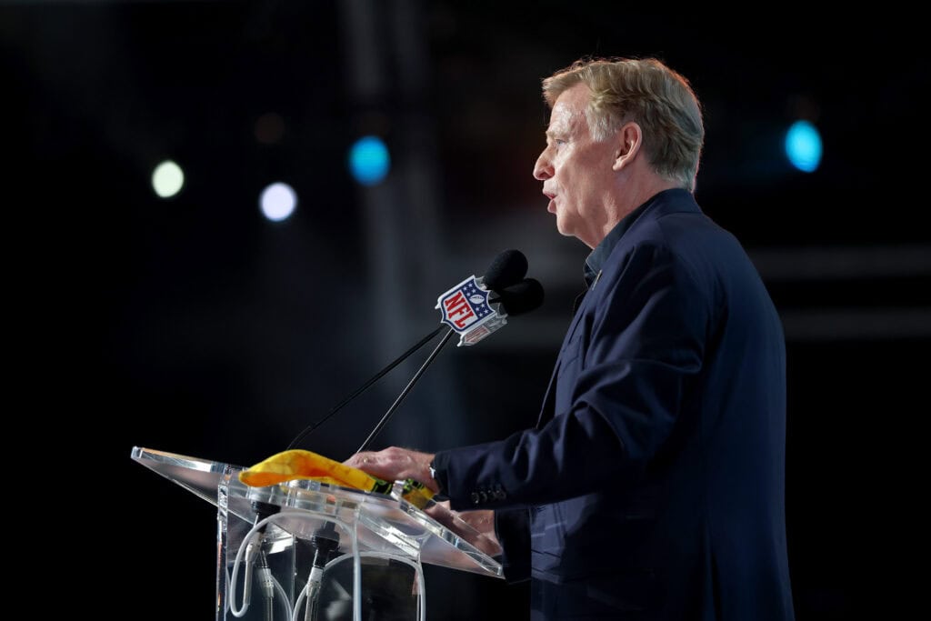 PITTSBURGH, PENNSYLVANIA - APRIL 23: NFL Commissioner Roger Goodell speaks during Round One of the 2026 NFL Draft at Acrisure Stadium on April 23, 2026 in Pittsburgh, Pennsylvania.