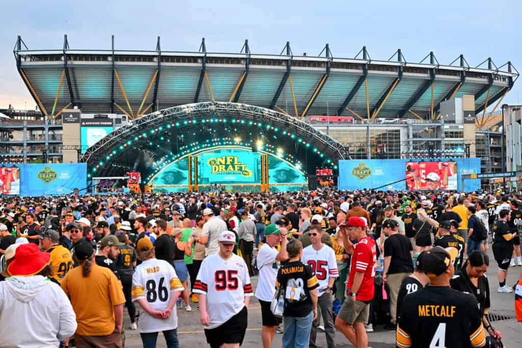 PITTSBURGH, PENNSYLVANIA - APRIL 23: Fans gather during Round One of the 2026 NFL Draft at Acrisure Stadium on April 23, 2026 in Pittsburgh, Pennsylvania.