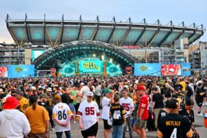 PITTSBURGH, PENNSYLVANIA - APRIL 23: Fans gather during Round One of the 2026 NFL Draft at Acrisure Stadium on April 23, 2026 in Pittsburgh, Pennsylvania.