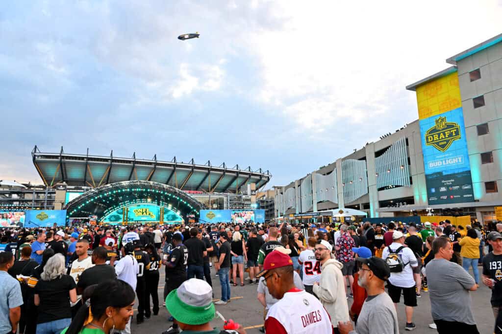 PITTSBURGH, PENNSYLVANIA - APRIL 23: Fans gather during Round One of the 2026 NFL Draft at Acrisure Stadium on April 23, 2026 in Pittsburgh, Pennsylvania.