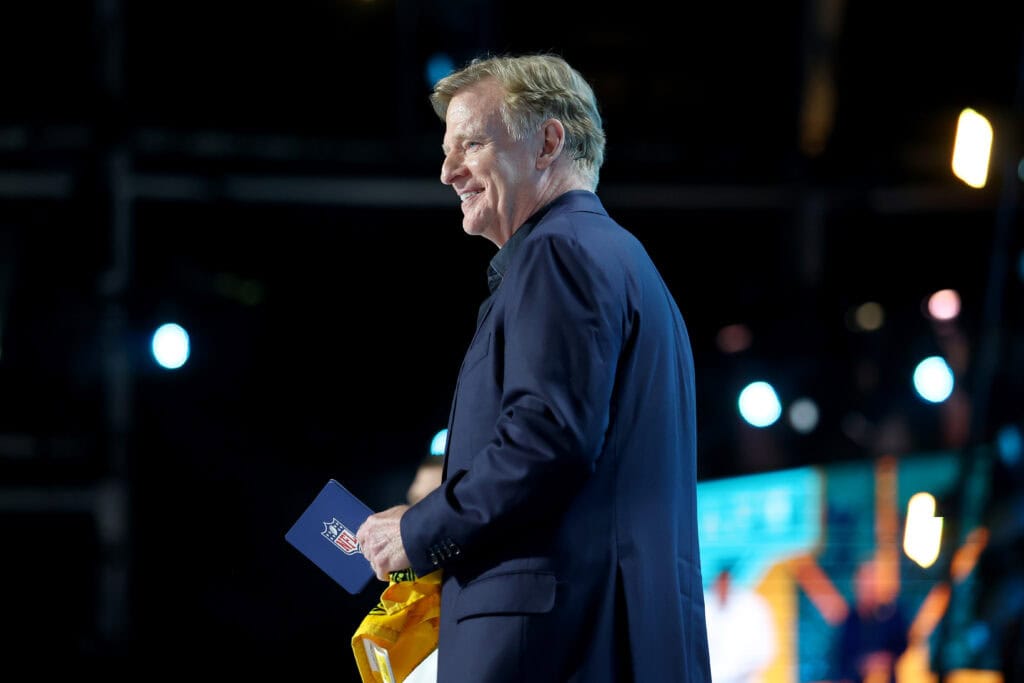 PITTSBURGH, PENNSYLVANIA - APRIL 23: NFL Commissioner Roger Goodell looks on during Round One of the 2026 NFL Draft at Acrisure Stadium on April 23, 2026 in Pittsburgh, Pennsylvania.