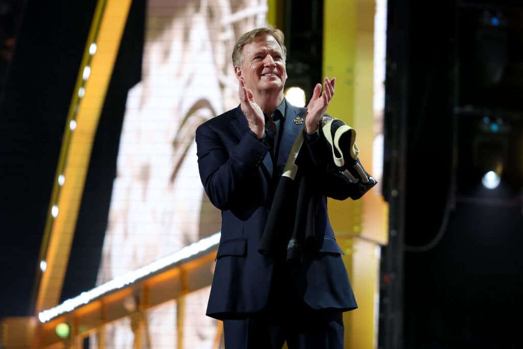PITTSBURGH, PENNSYLVANIA - APRIL 23: NFL Commissioner Roger Goodell looks on during Round One of the 2026 NFL Draft at Acrisure Stadium on April 23, 2026 in Pittsburgh, Pennsylvania.
