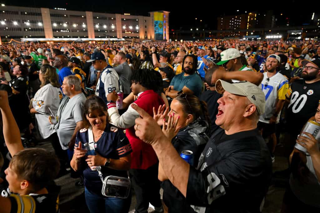 PITTSBURGH, PENNSYLVANIA - APRIL 23: Fans react during Round One of the 2026 NFL Draft at Acrisure Stadium on April 23, 2026 in Pittsburgh, Pennsylvania.