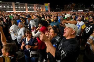 PITTSBURGH, PENNSYLVANIA - APRIL 23: Fans react during Round One of the 2026 NFL Draft at Acrisure Stadium on April 23, 2026 in Pittsburgh, Pennsylvania.