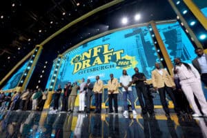 PITTSBURGH, PENNSYLVANIA - APRIL 24: Football legends line the stage during Round Two of the 2026 NFL Draft at Acrisure Stadium on April 24, 2026 in Pittsburgh, Pennsylvania.