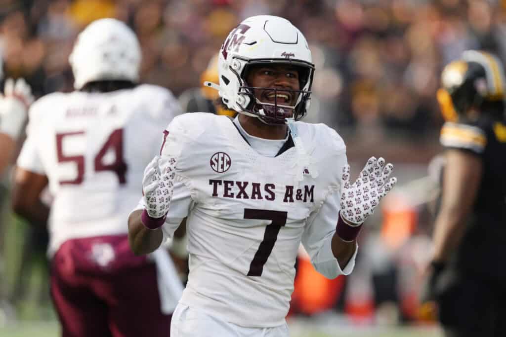 COLUMBIA, MISSOURI - NOVEMBER 08: KC Concepcion #7 of the Texas A&M Aggies in action against the Missouri Tigers in the first half at Faurot Field at Memorial Stadium on November 08, 2025 in Columbia, Missouri.