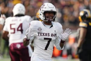 COLUMBIA, MISSOURI - NOVEMBER 08: KC Concepcion #7 of the Texas A&M Aggies in action against the Missouri Tigers in the first half at Faurot Field at Memorial Stadium on November 08, 2025 in Columbia, Missouri.