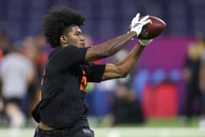 INDIANAPOLIS, INDIANA - FEBRUARY 28: K C Concepcion of the Texas A&M Aggies participates in a drill during the 2026 NFL Scouting Combine at Lucas Oil Stadium on February 28, 2026 in Indianapolis, Indiana.