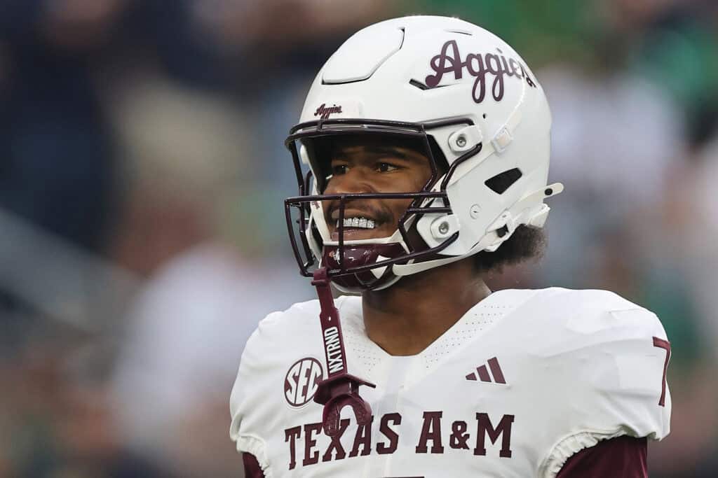 SOUTH BEND, INDIANA - SEPTEMBER 13: KC Concepcion #7 of the Texas A&M Aggies looks on prior to the game against the Notre Dame Fighting Irish at Notre Dame Stadium on September 13, 2025 in South Bend, Indiana.