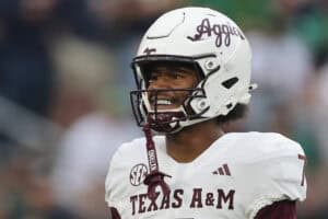 SOUTH BEND, INDIANA - SEPTEMBER 13: KC Concepcion #7 of the Texas A&M Aggies looks on prior to the game against the Notre Dame Fighting Irish at Notre Dame Stadium on September 13, 2025 in South Bend, Indiana.