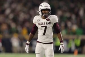 SOUTH BEND, INDIANA - SEPTEMBER 13: KC Concepcion #7 of the Texas A&M Aggies looks on against the Notre Dame Fighting Irish during the second half at Notre Dame Stadium on September 13, 2025 in South Bend, Indiana.