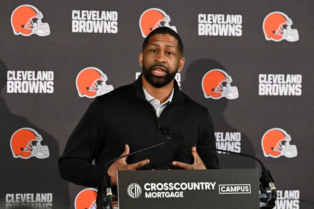 BEREA, OHIO - FEBRUARY 03: Executive vice president, football operations & general manager Andrew Berry of the Cleveland Browns speaks to the media during a press conference introducing Todd Monken as the team's head coach at CrossCountry Mortgage Campus on February 03, 2026 in Berea, Ohio.