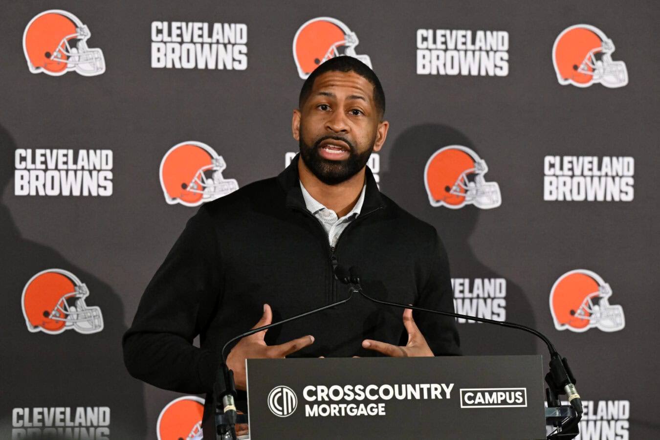 BEREA, OHIO - FEBRUARY 03: Executive vice president, football operations & general manager Andrew Berry of the Cleveland Browns speaks to the media during a press conference introducing Todd Monken as the team's head coach at CrossCountry Mortgage Campus on February 03, 2026 in Berea, Ohio.