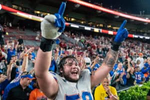 COLUMBIA, SOUTH CAROLINA - OCTOBER 14: Austin Barber #58 of the Florida Gators celebrates after defeating the South Carolina Gamecocks at Williams-Brice Stadium on October 14, 2023 in Columbia, South Carolina.