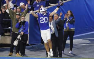 PROVO, UT - NOVEMBER 15: Carsen Ryan #20 of the Brigham Young Cougars celebrates scoring a touchdown during the first half of their game against the Texas Christian University Horned Frogs at LaVell Edwards Stadium on November 15, 2025 in Provo, Utah.