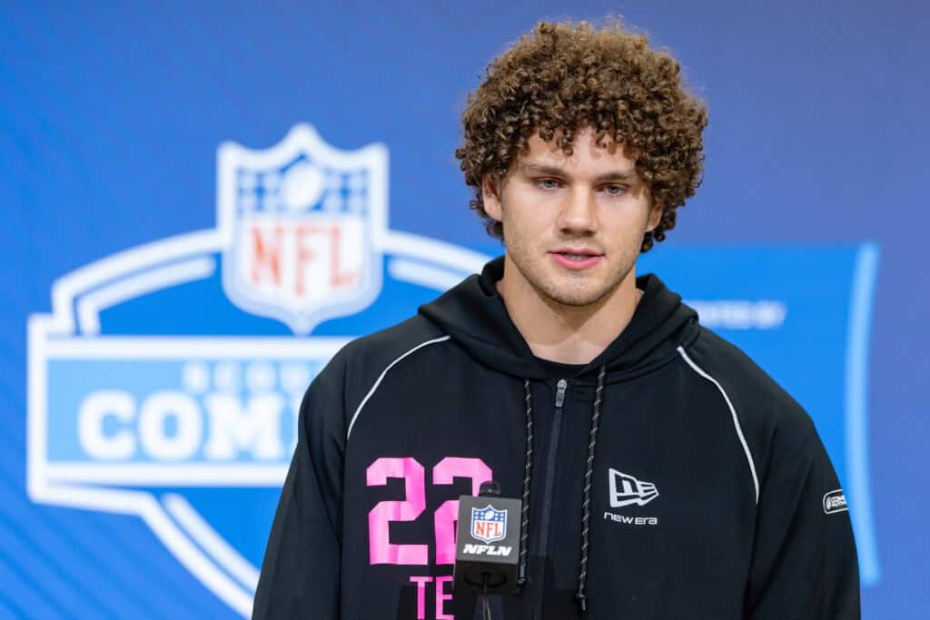 INDIANAPOLIS, INDIANA - FEBRUARY 26: Joe Royer of the Cincinnati Bearcats speaks to the media during the 2026 NFL Draft Combine at the Indiana Convention Center on February 26, 2026 in Indianapolis, Indiana