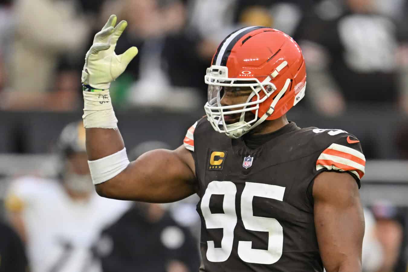 CLEVELAND, OHIO - DECEMBER 28: Myles Garrett #95 of the Cleveland Browns gestures to the crowd during the fourth quarter against the Pittsburgh Steelers at Huntington Bank Field on December 28, 2025 in Cleveland, Ohio.