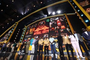 PITTSBURGH, PENNSYLVANIA - APRIL 24: Football legends line the stage during Round Two of the 2026 NFL Draft at Acrisure Stadium on April 24, 2026 in Pittsburgh, Pennsylvania.
