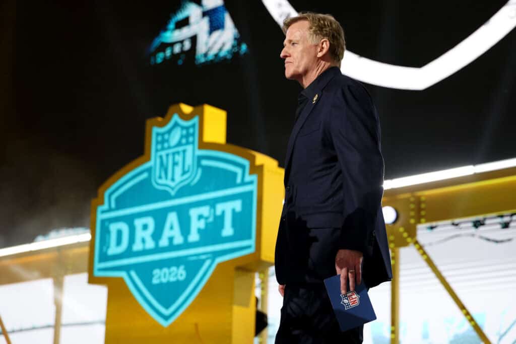 PITTSBURGH, PENNSYLVANIA - APRIL 23: NFL Commissioner Roger Goodell looks on during Round One of the 2026 NFL Draft at Acrisure Stadium on April 23, 2026 in Pittsburgh, Pennsylvania.