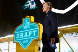 PITTSBURGH, PENNSYLVANIA - APRIL 23: NFL Commissioner Roger Goodell looks on during Round One of the 2026 NFL Draft at Acrisure Stadium on April 23, 2026 in Pittsburgh, Pennsylvania.
