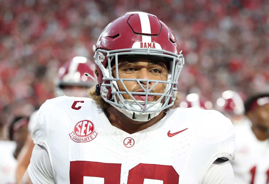ATHENS, GEORGIA - SEPTEMBER 27: Parker Brailsford #72 of the Alabama Crimson Tide walks off the field after warm ups prior to facing the Georgia Bulldogs at Sanford Stadium on September 27, 2025 in Athens, Georgia.