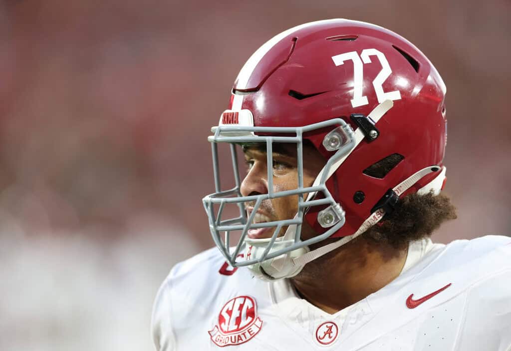 ATHENS, GEORGIA - SEPTEMBER 27: Parker Brailsford #72 of the Alabama Crimson Tide warms up prior to facing the Georgia Bulldogs at Sanford Stadium on September 27, 2025 in Athens, Georgia.