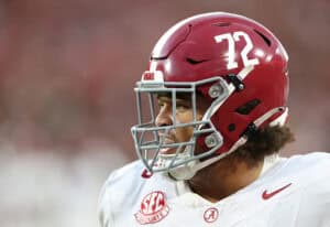ATHENS, GEORGIA - SEPTEMBER 27: Parker Brailsford #72 of the Alabama Crimson Tide warms up prior to facing the Georgia Bulldogs at Sanford Stadium on September 27, 2025 in Athens, Georgia.
