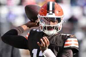 CLEVELAND, OHIO - DECEMBER 21: Shedeur Sanders #12 of the Cleveland Browns warms up prior to the game against the Buffalo Bills at Huntington Bank Field on December 21, 2025 in Cleveland, Ohio.