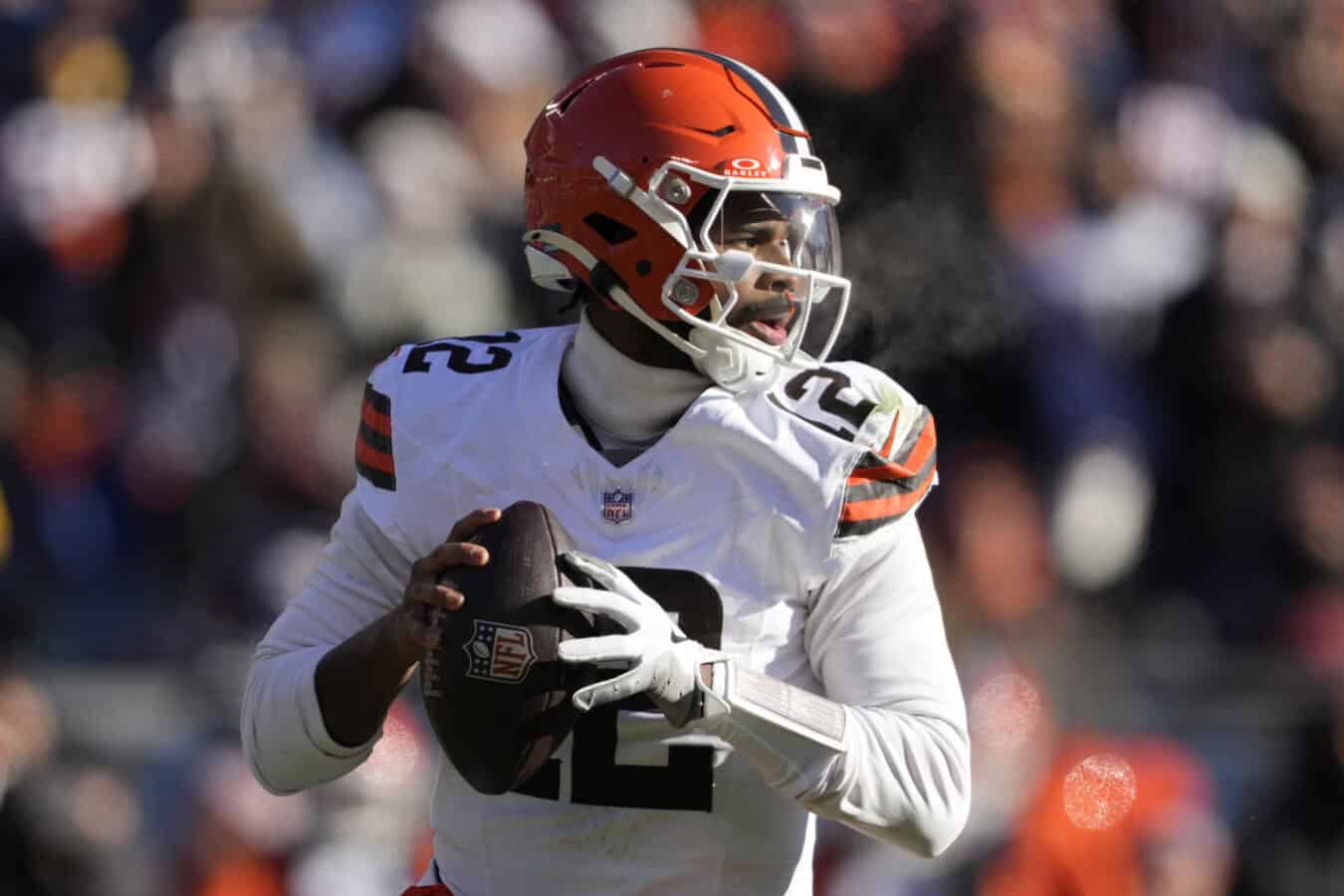 CHICAGO, ILLINOIS - DECEMBER 14: Shedeur Sanders #12 of the Cleveland Browns throws a pass during the first quarter against the Chicago Bears on December 14, 2025 in Chicago, Illinois.