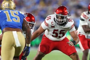 PASADENA, CALIFORNIA - AUGUST 30: Spencer Fano #55 of the Utah Utes llines up on the defensive line during the second half of a game against the UCLA Bruins at Rose Bowl Stadium on August 30, 2025 in Pasadena, California.