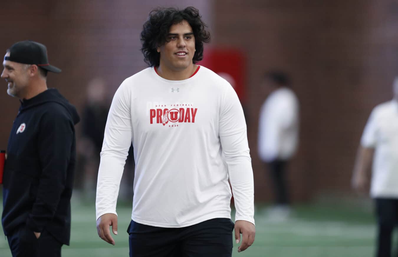 Salt Lake City, UT - MARCH 19: Spencer Fano #55 walks during the Utah Utes Pro Day at the Spence Eccles Field House on March 19, 2026 in Salt Lake City, Utah.(
