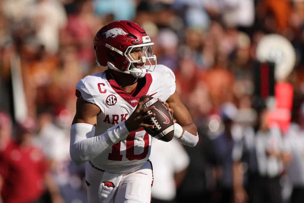 AUSTIN, TEXAS - NOVEMBER 22: Taylen Green #10 of the Arkansas Razorbacks drops back to the ball against the Texas Longhorns during the first half at Darrell K Royal-Texas Memorial Stadium on November 22, 2025 in Austin, Texas.