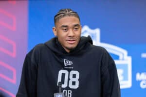 INDIANAPOLIS, INDIANA - FEBRUARY 27: Taylen Green of the Arkansas Razorbacks speaks to the media during the 2026 NFL Draft Combine at the Indiana Convention Center on February 27, 2026 in Indianapolis, Indiana.