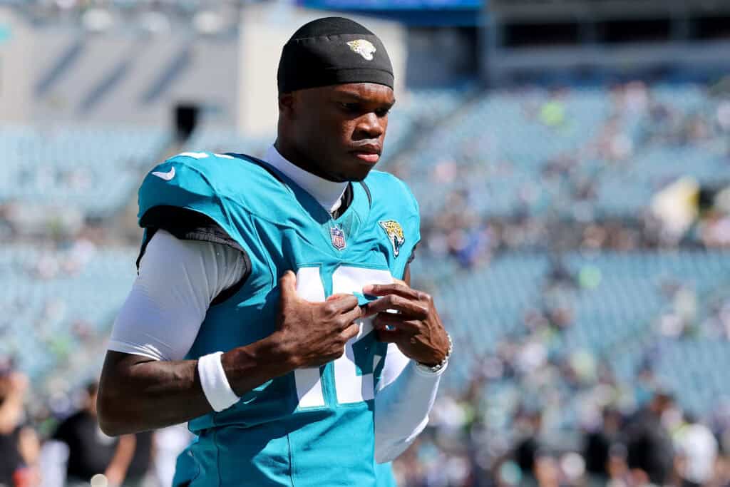 JACKSONVILLE, FLORIDA - OCTOBER 12: Travis Hunter #12 of the Jacksonville Jaguars warms up prior to the game against the Seattle Seahawks at EverBank Stadium on October 12, 2025 in Jacksonville, Florida.