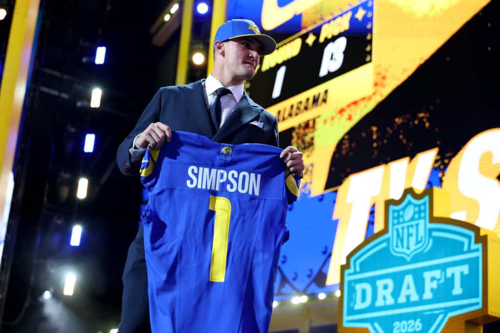 PITTSBURGH, PENNSYLVANIA - APRIL 23: Ty Simpson of Alabama celebrates after being selected thirteenth overall pick by the Los Angeles Rams during Round One of the 2026 NFL Draft at Acrisure Stadium on April 23, 2026 in Pittsburgh, Pennsylvania.