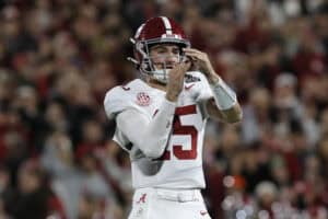 NORMAN, OKLAHOMA - DECEMBER 19: Ty Simpson #15 of the Alabama Crimson Tide calls a time out during the first quarter against the Oklahoma Sooners during 2025 College Football Playoff First Round Game at Gaylord Family Oklahoma Memorial Stadium on December 19, 2025 in Norman, Oklahoma.