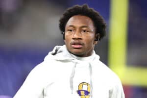 BALTIMORE, MARYLAND - NOVEMBER 27: Zay Flowers #4 of the Baltimore Ravens looks on during warmups prior to the game against the Cincinnati Bengals at M&T Bank Stadium on November 27, 2025 in Baltimore, Maryland.